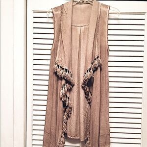 Umgee Long Taupe Vest With Tassel Trim (M)